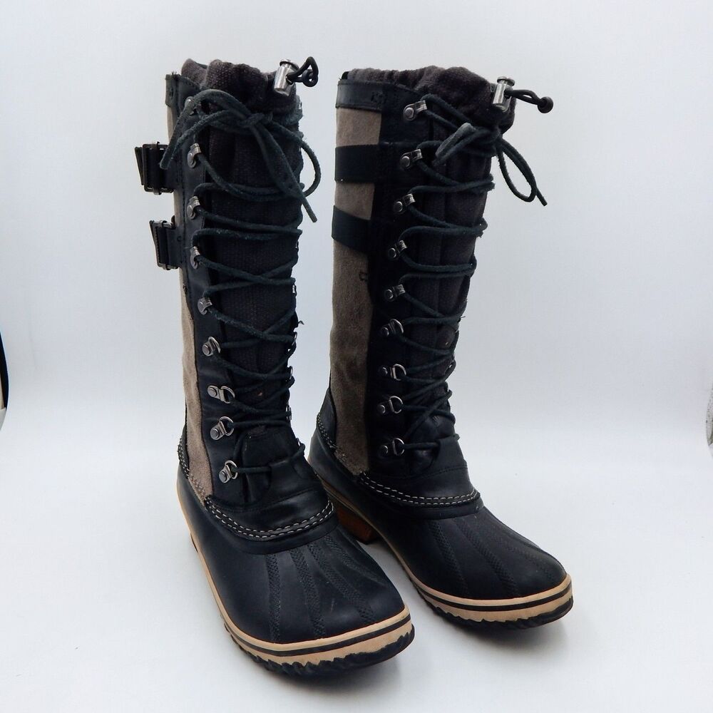 Sorel Conquest Carly II Boots Women Sz 9.5 Grey Leather Suede Lace Up Snow Duck